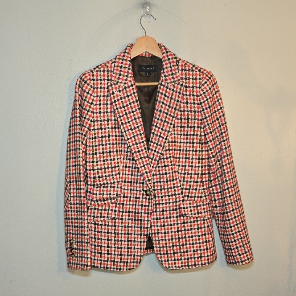 Talbots Shetland Wool Multi Color Plaid Elbow Patch Lined Blazer BWOT - Picture 1 of 13